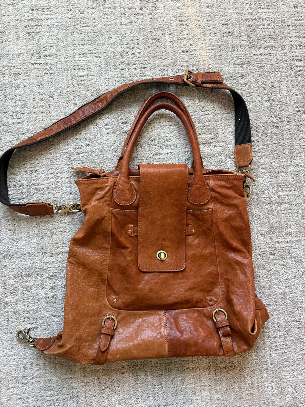Vintage Cognac Brown Convertible Backpack Shoulder Bag Satchel Distressed Look